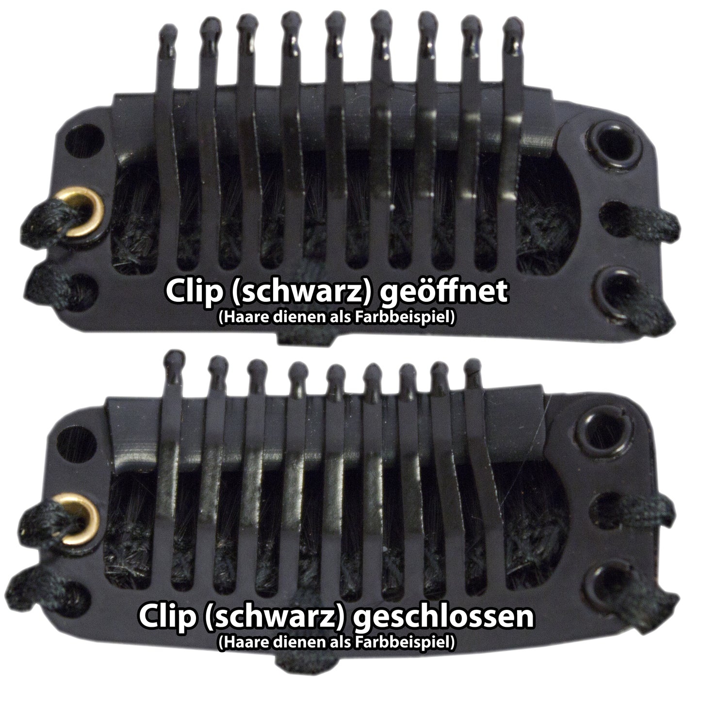 Clip (schwarz) geöffnet und geschlossen - Haare dienen als Farbbeispiel