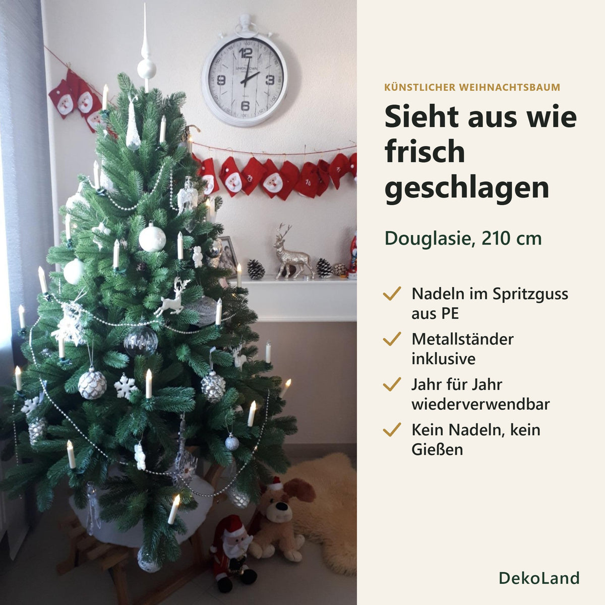 Geschmückte DekoLand Douglasie 210 cm im Wohnzimmer: Spritzguss-Nadeln aus PE, Metallständer inklusive, wiederverwendbar, kein Nadeln