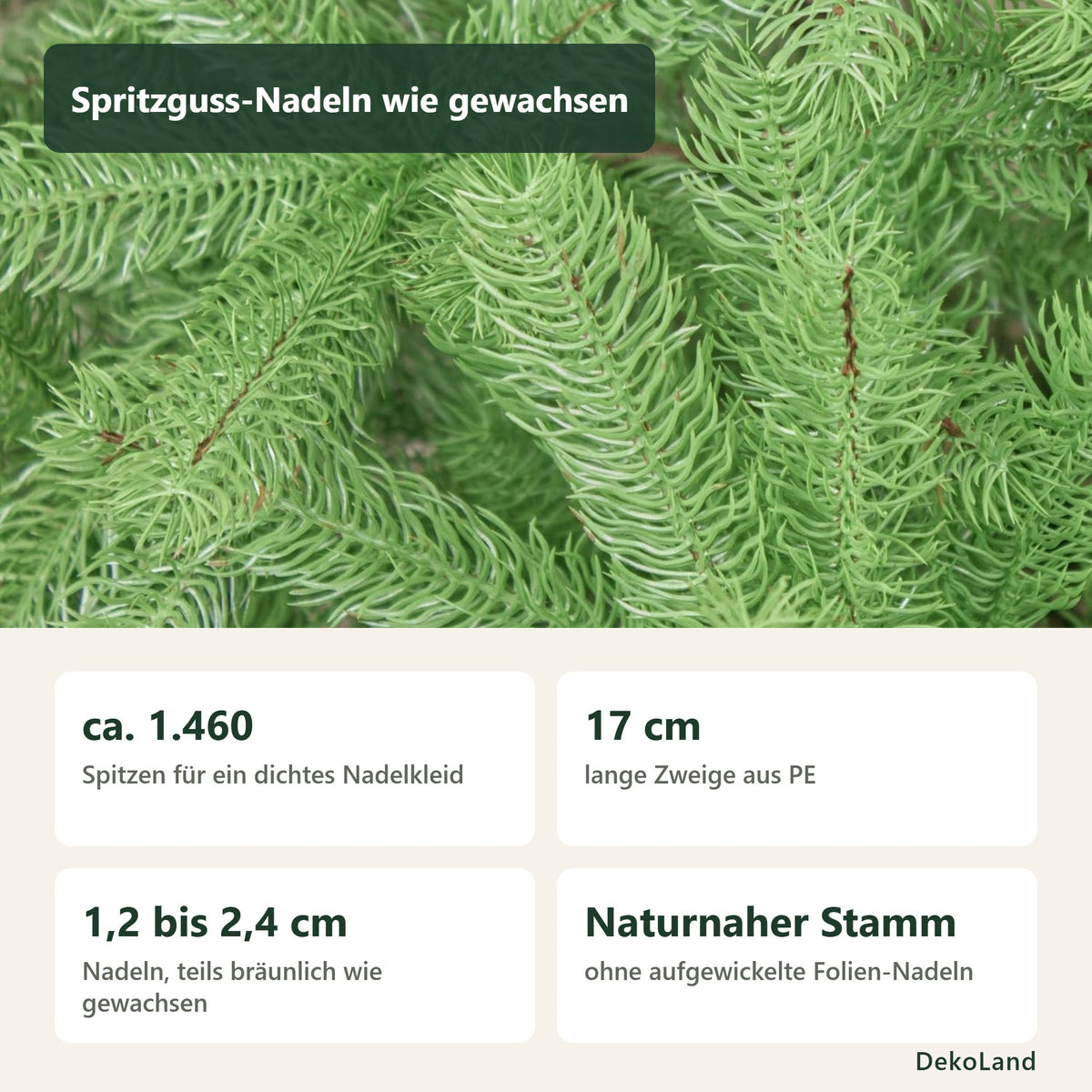 Spritzguss-Nadeln aus PE in Nahaufnahme: ca. 1.460 Spitzen, 17 cm lange Zweige, naturnaher Stamm