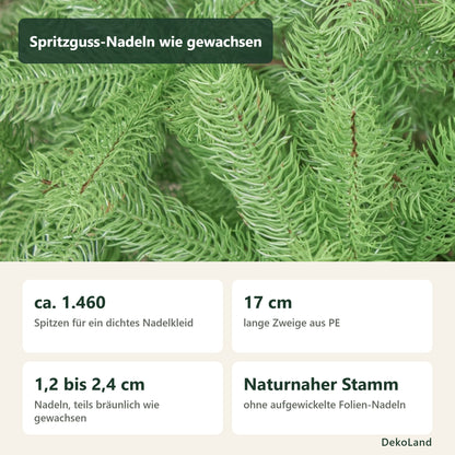 Spritzguss-Nadeln aus PE in Nahaufnahme: ca. 1.460 Spitzen, 17 cm lange Zweige, naturnaher Stamm