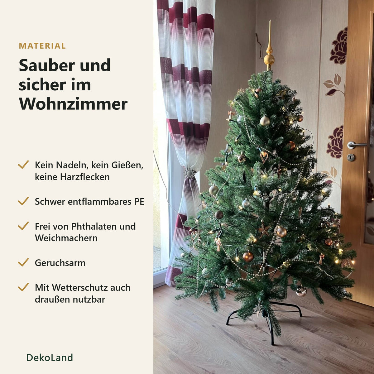 Künstlicher Weihnachtsbaum sauber und sicher: kein Nadeln, schwer entflammbares PE, frei von Phthalaten und Weichmachern, geruchsarm