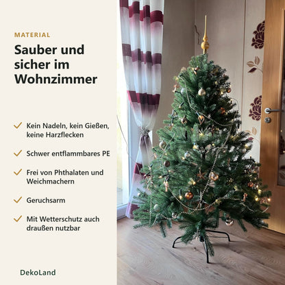 Künstlicher Weihnachtsbaum sauber und sicher: kein Nadeln, schwer entflammbares PE, frei von Phthalaten und Weichmachern, geruchsarm