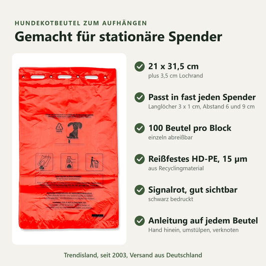 Hundekotbeutel zum Aufhängen rot, gemacht für stationäre Spender: 21 × 31,5 cm plus 3,5 cm Lochrand, Langlöcher passen in fast jeden Spender, 100 Beutel pro Block, reißfestes HD-PE 15 µm aus Recyclingmaterial, signalrot, schwarz bedruckt