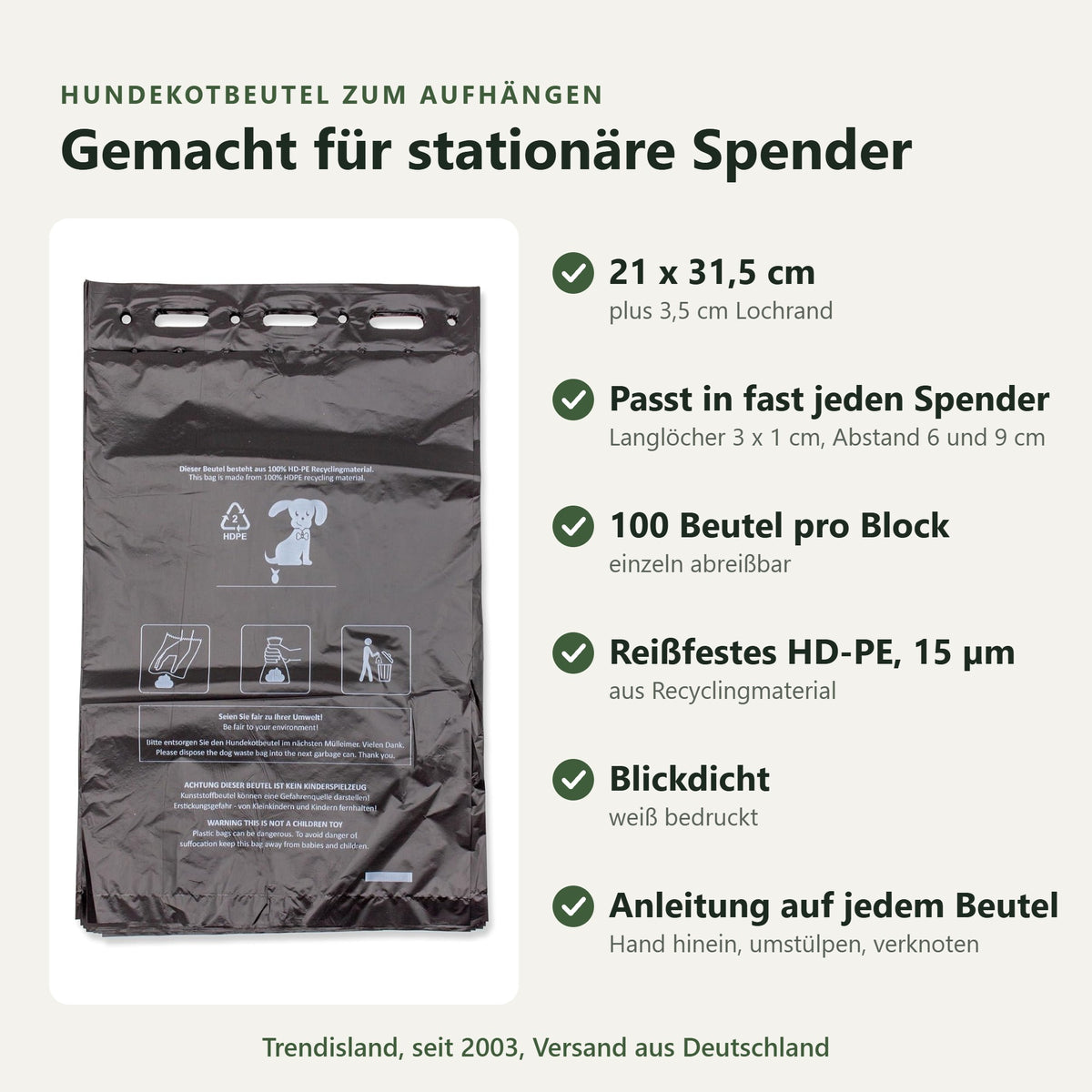 Hundekotbeutel zum Aufhängen schwarz, gemacht für stationäre Spender: 21 × 31,5 cm plus 3,5 cm Lochrand, Langlöcher passen in fast jeden Spender, 100 Beutel pro Block, reißfestes HD-PE 15 µm aus Recyclingmaterial, blickdicht, weiß bedruckt