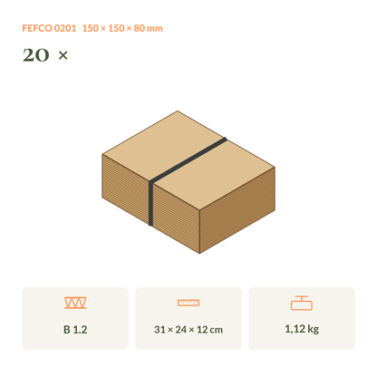 Zeichnung: Bündel aus 20 flachliegenden Faltkartons 150 × 150 × 80 mm mit Bündelmaß und Gewicht