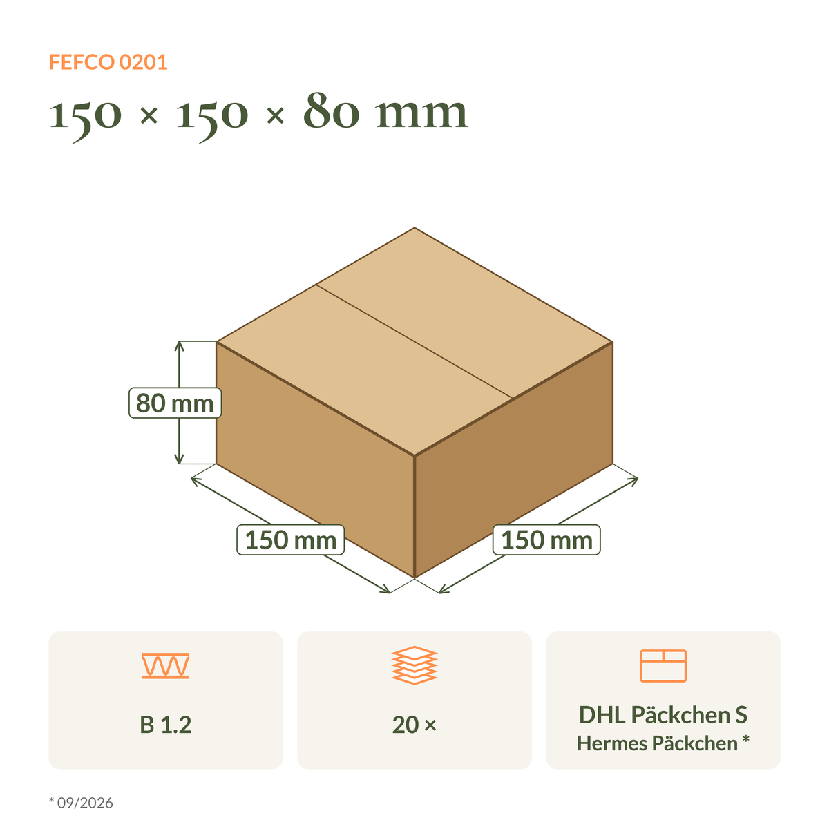 Maßzeichnung Faltkarton 150 × 150 × 80 mm FEFCO 0201 mit Versandklasse DHL und Hermes