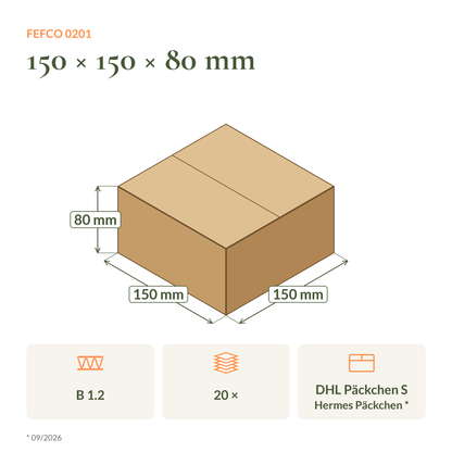 Maßzeichnung Faltkarton 150 × 150 × 80 mm FEFCO 0201 mit Versandklasse DHL und Hermes