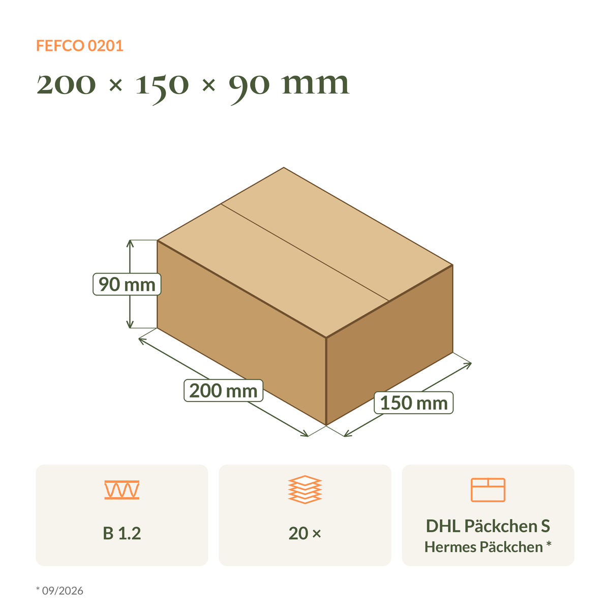 Maßzeichnung Faltkarton 200 × 150 × 90 mm FEFCO 0201 mit Versandklasse DHL und Hermes
