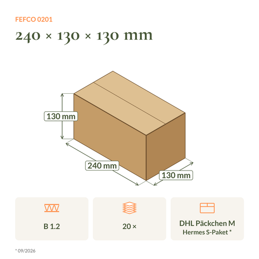 Maßzeichnung Faltkarton 240 × 130 × 130 mm FEFCO 0201 mit Versandklasse DHL und Hermes