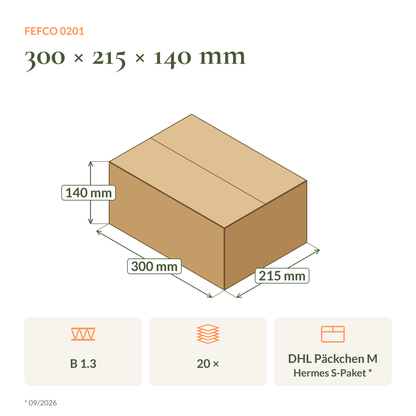 Maßzeichnung Faltkarton 300 × 215 × 140 mm FEFCO 0201 mit Versandklasse DHL und Hermes