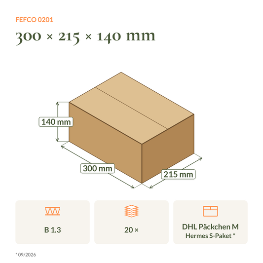 Maßzeichnung Faltkarton 300 × 215 × 140 mm FEFCO 0201 mit Versandklasse DHL und Hermes