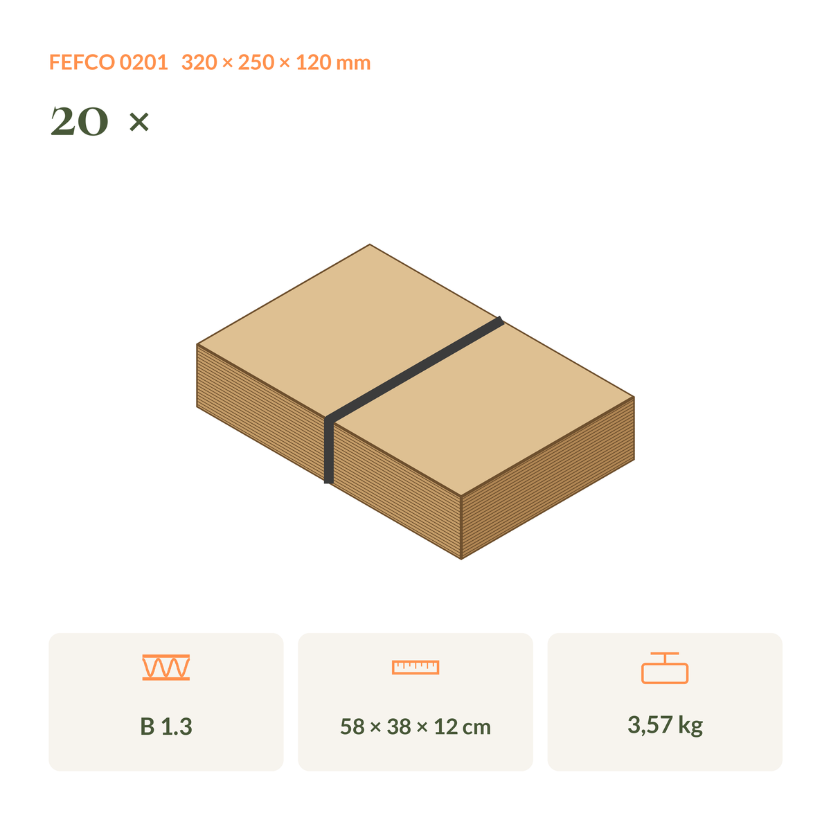 Zeichnung: Bündel aus 20 flachliegenden Faltkartons 320 × 250 × 120 mm mit Bündelmaß und Gewicht