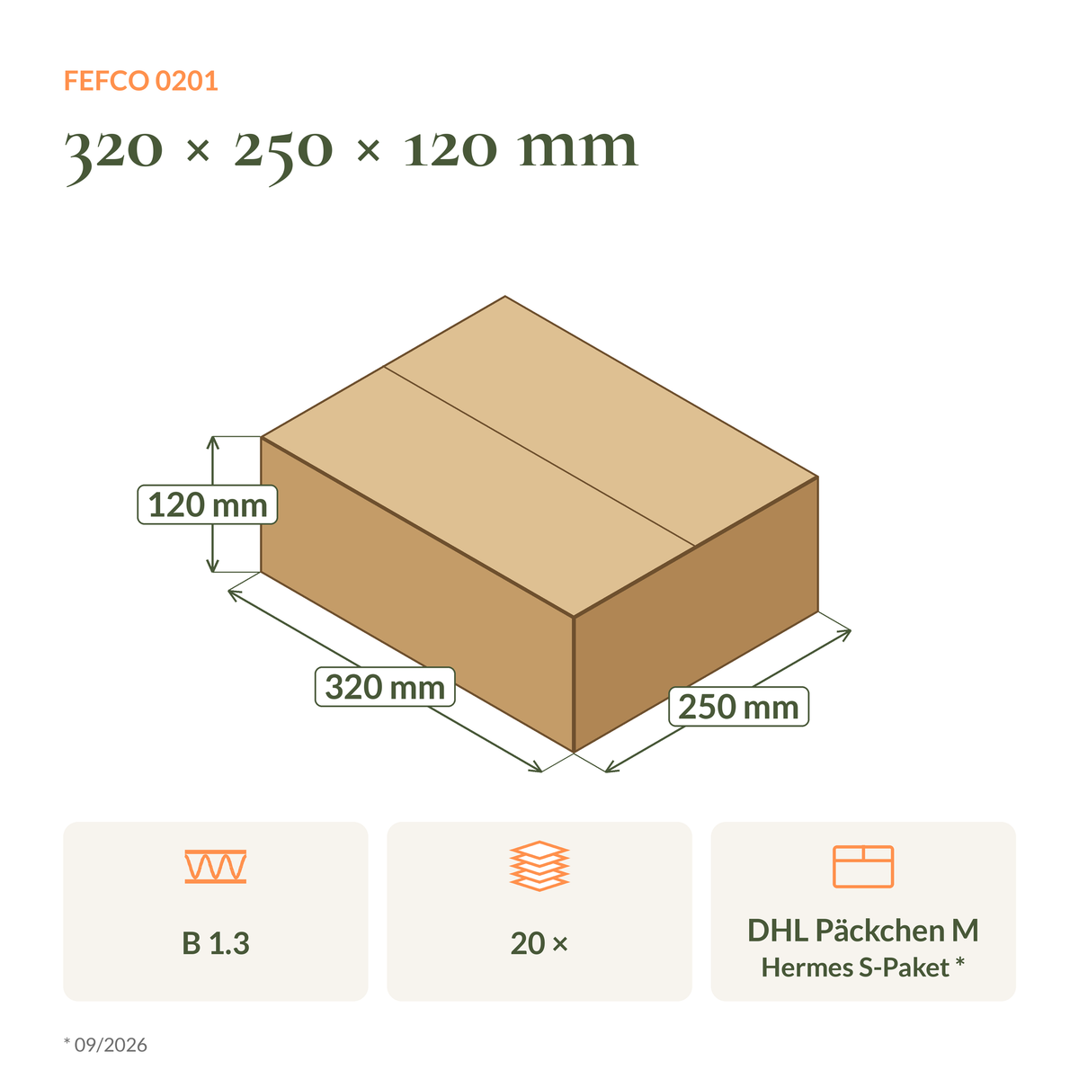 Maßzeichnung Faltkarton 320 × 250 × 120 mm FEFCO 0201 mit Versandklasse DHL und Hermes