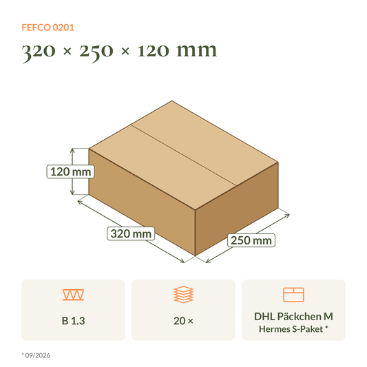 Maßzeichnung Faltkarton 320 × 250 × 120 mm FEFCO 0201 mit Versandklasse DHL und Hermes