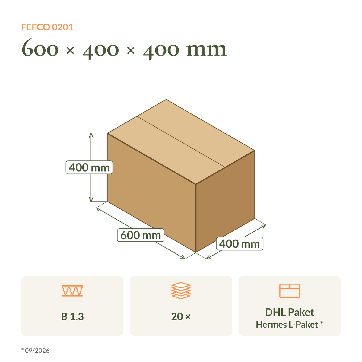 Maßzeichnung Großkarton 600 × 400 × 400 mm FEFCO 0201 mit Versandklasse DHL und Hermes