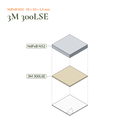 Layers of the Self-Adhesive Neodymium Block Magnet N52 10 × 10 × 1.5 mm: magnet, 3M 300LSE adhesive and protective liner