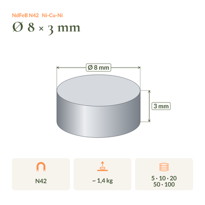 Dimension drawing of the Neodymium Disc Magnet N42 Ø8 × 3 mm: dimensions, pull force and pack sizes