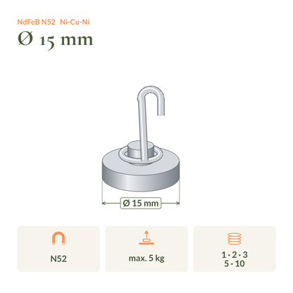 Dimension drawing of the Neodymium Hook Magnet N52 Ø15 mm with Swivel Hook: dimensions, pull force and pack sizes