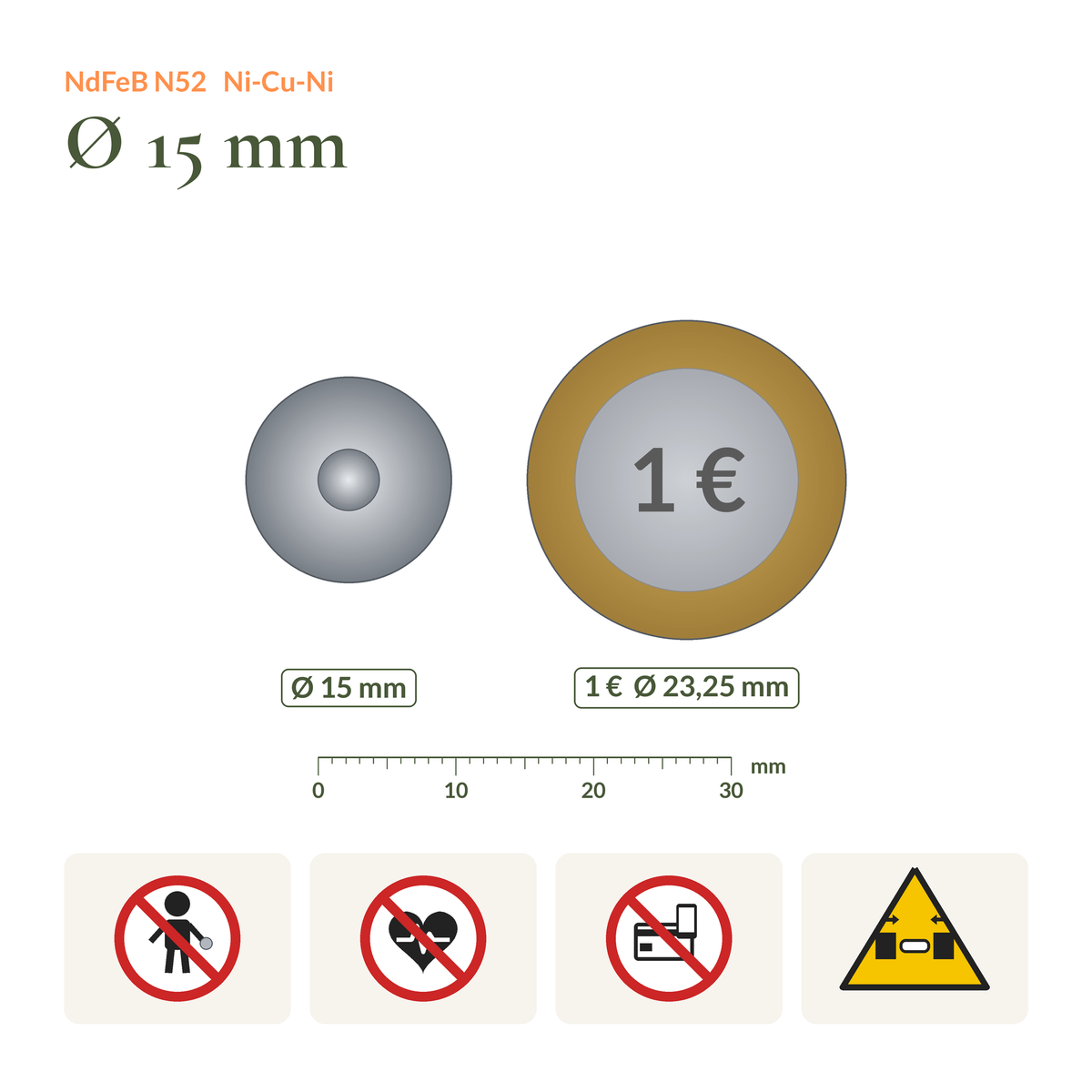 Size comparison of the Neodymium Hook Magnet N52 Ø15 mm with Swivel Hook next to a 1 euro coin, with safety symbols (children, pacemakers, electronics, pinch hazard)