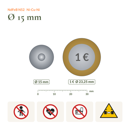 Size comparison of the Neodymium Hook Magnet N52 Ø15 mm with Swivel Hook next to a 1 euro coin, with safety symbols (children, pacemakers, electronics, pinch hazard)