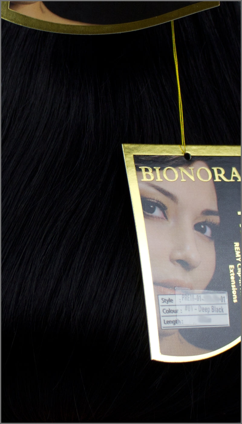 Clip-in 100% Remy Echthaar Extensions, BIONORA PREMIUM, #01, Tiefschwarz, 40 50 60 (+) cm, 100/110/120Gr.