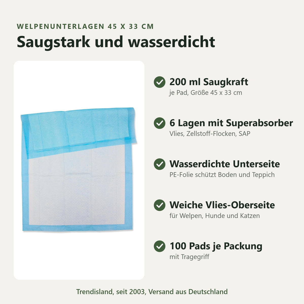 Puppy training pads 45 × 33 cm, absorbent and waterproof: 200 ml absorbency per pad, 6 layers with superabsorbent, waterproof backing, soft fleece top, 100 pads per pack with carry handle