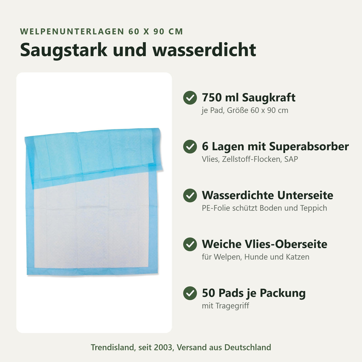Welpenunterlagen 60 × 90 cm saugstark und wasserdicht: 750 ml Saugkraft je Pad, 6 Lagen mit Superabsorber, wasserdichte Unterseite, weiche Vlies-Oberseite, 50 Pads je Packung mit Tragegriff